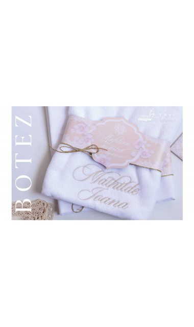 Trusou de botez somon cu alb cu broderie sand pentru fetite Elegant Monogram Peach 10
